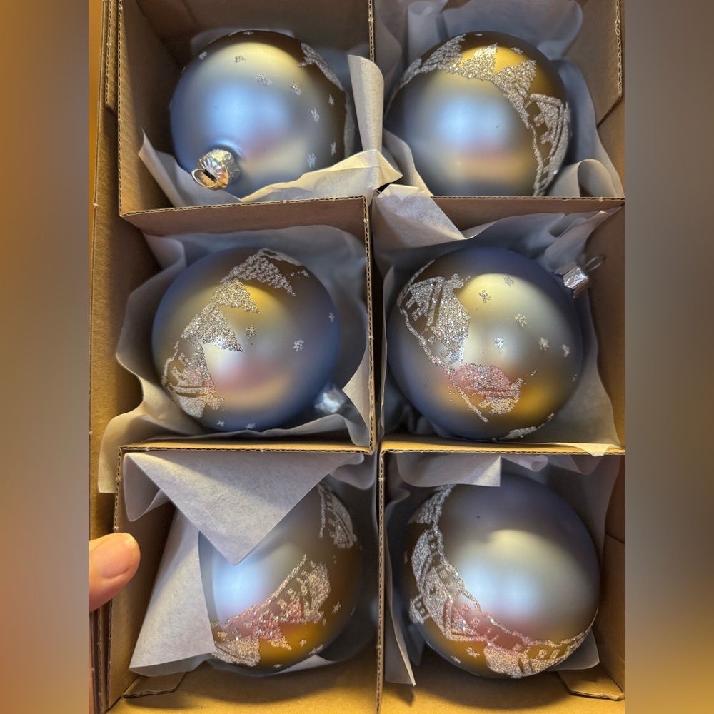 6 Vitbis Christmas Glass Ornaments Gray And White  Glitter Handmade Poland 3.5”